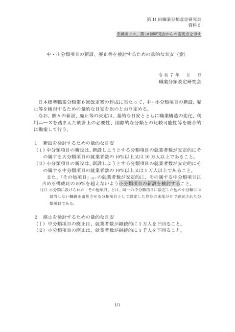 資料2 中・小分類項目の新設、廃止等を検討するための量的な目安（案）
