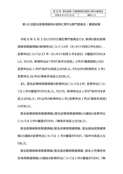 資料10 匿名医療情報等の提供に関する専門委員会審査結果（報告）［51KB］