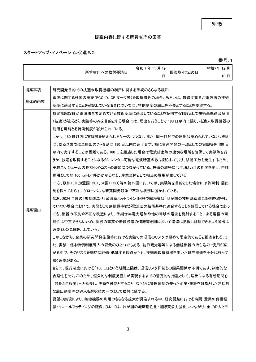 第14回 技適未取得機器を用いた実験等の特例制度の改善 資料スライド 1枚目