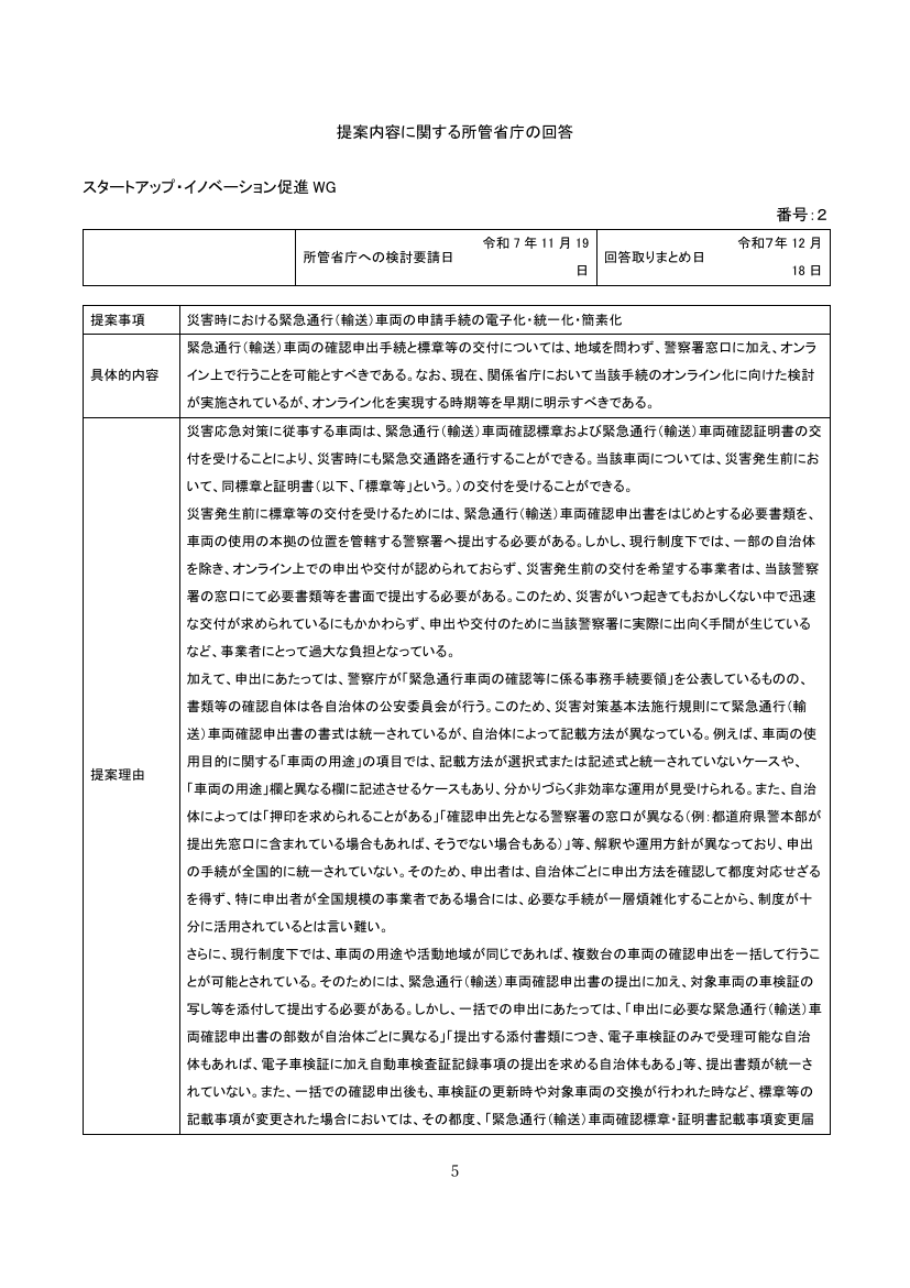 提案内容に関する所管省庁の回答