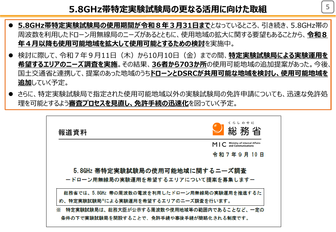 5.8GHz帯ドローン用特定実験試験局の利用拡大 該当資料スライド 8枚目