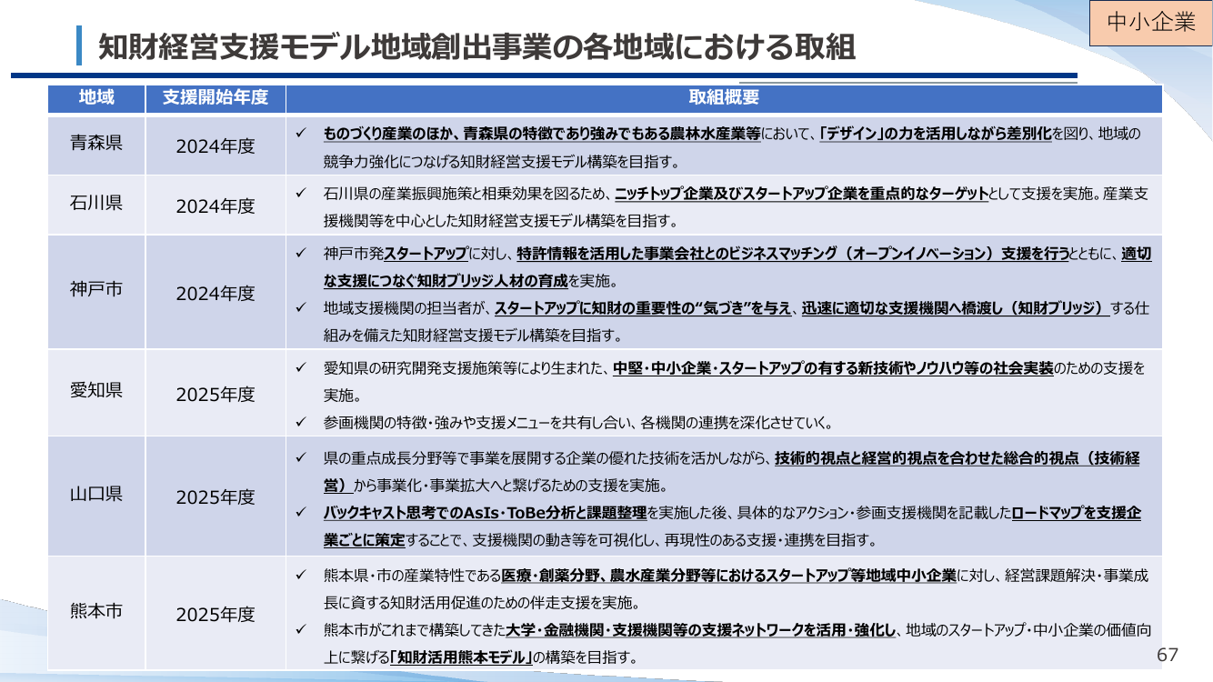 知財経営支援モデル地域創出事業の各地域における取組
