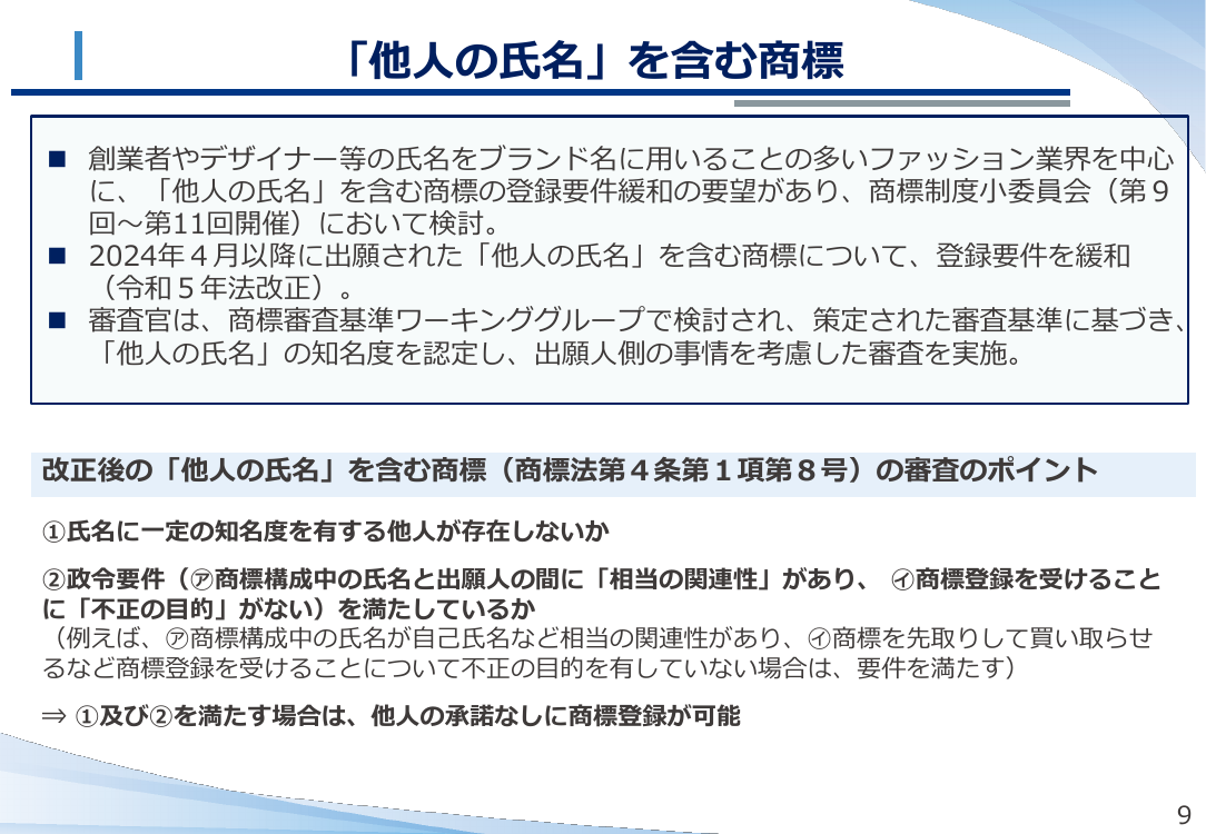 第12回 他人の氏名を含む商標の登録要件緩和 資料スライド 1枚目