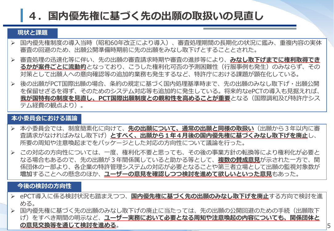国内優先権に基づく先の出願のみなし取下げ制度の廃止 資料スライド