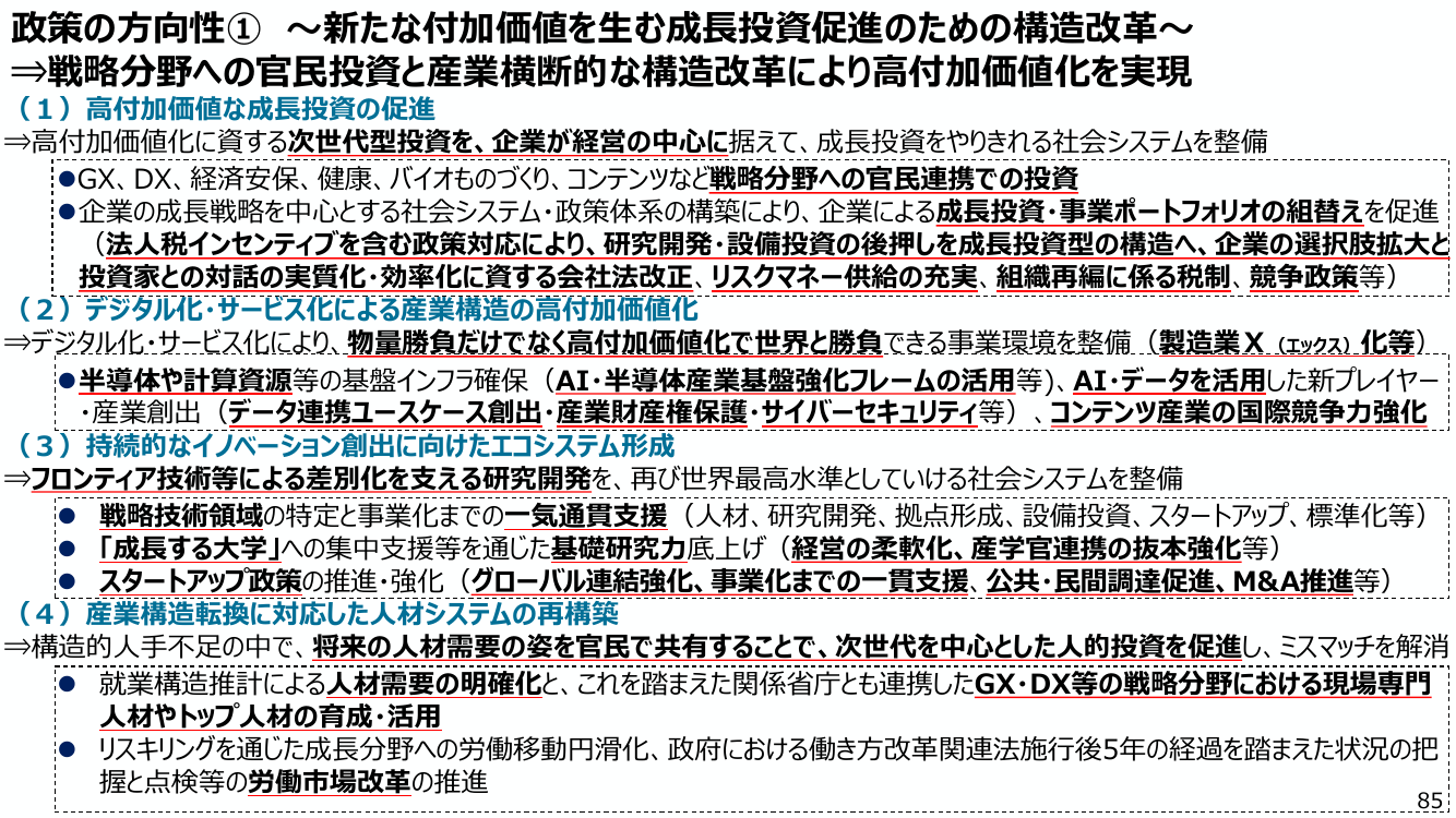 政策の方向性① ~新たな付加価値を生む成長投資促進のための構造改革~