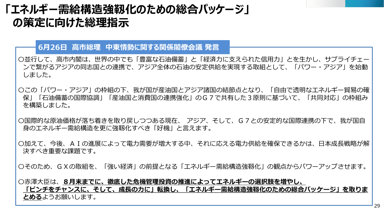 「エネルギー需給構造強靭化のための総合パッケージ」の策定に向けた総理指示