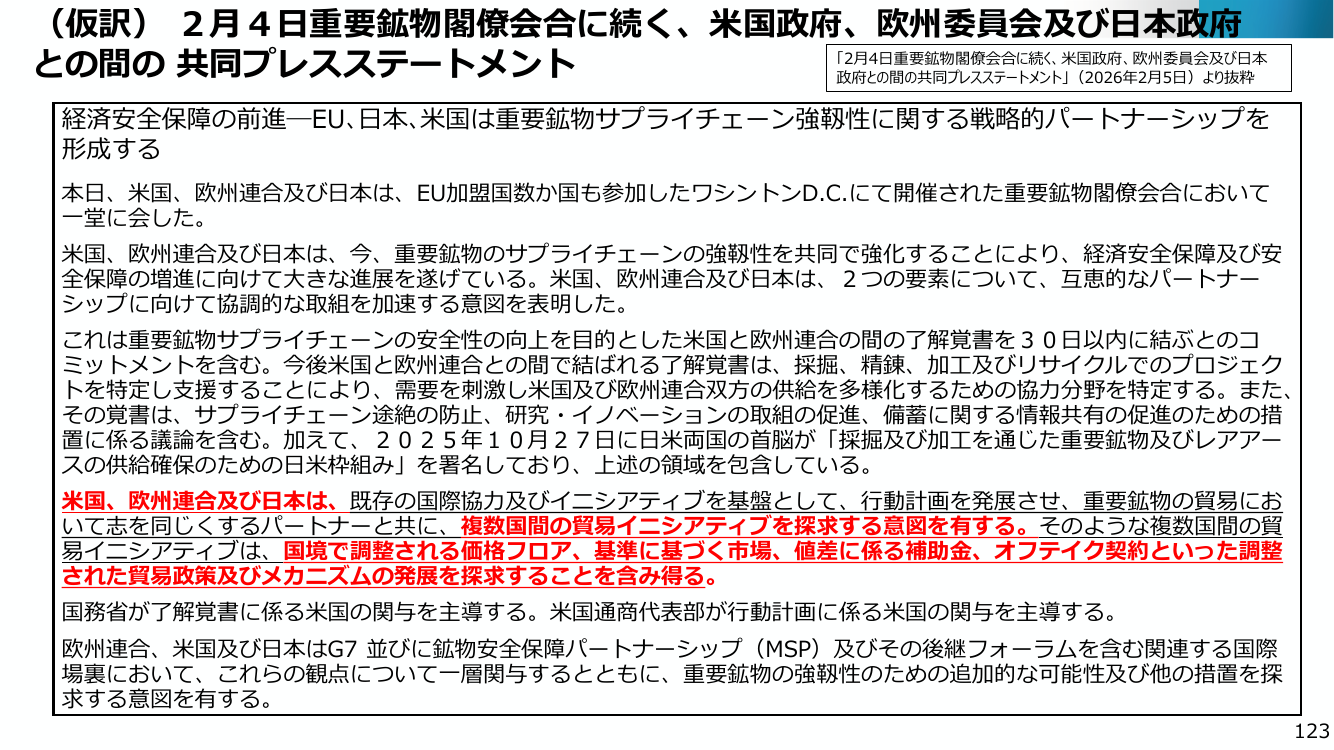 (仮訳) 2月4日重要鉱物閣僚会合に続く、米国政府、欧州委員会及び日本政府との間の共同プレスステートメント