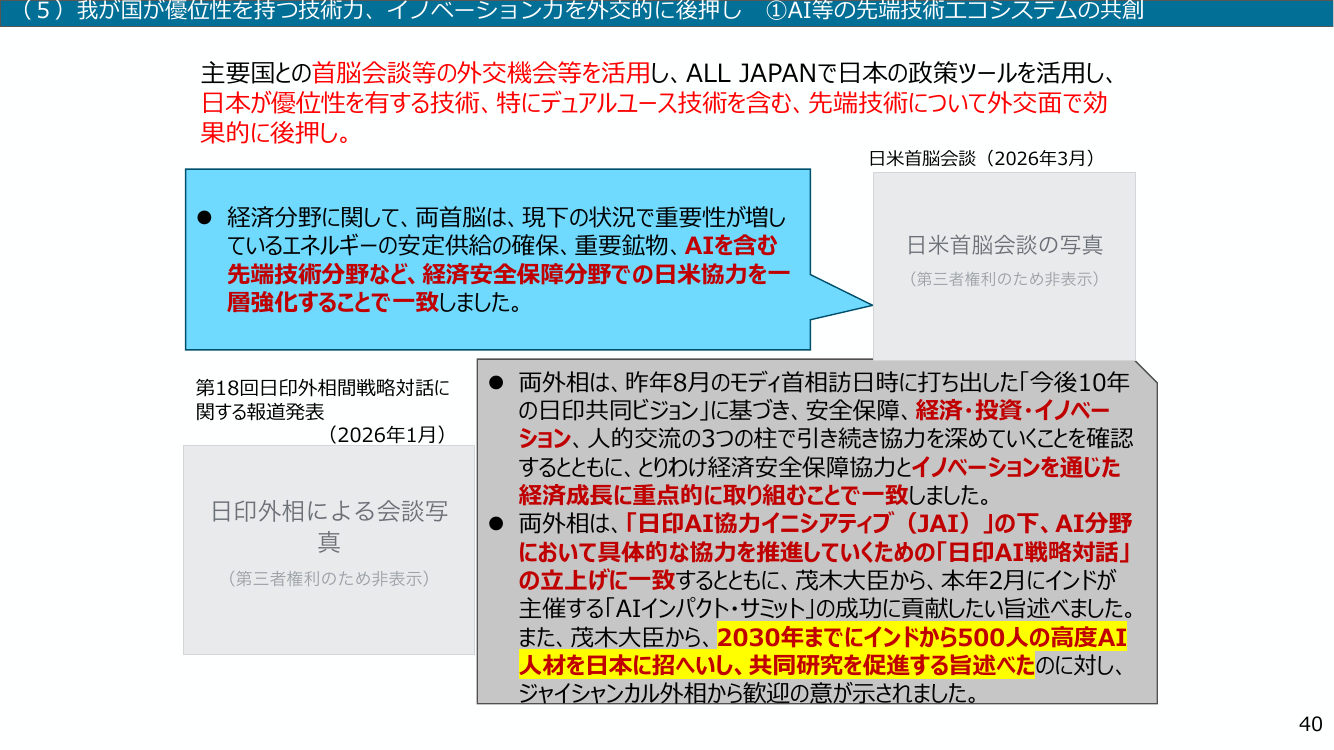 (5) 我が国が優位性を持つ技術力、イノベーション力を外交的に後押し (1)AI等の先端技術エコシステムの共創