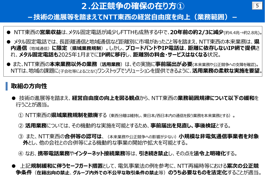 第52回 NTT東西の業務規制・公正競争条件の見直し 資料スライド 1枚目