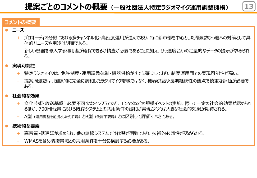 提案ごとのコメントの概要（一般社団法人特定ラジオマイク運用調整機構）
