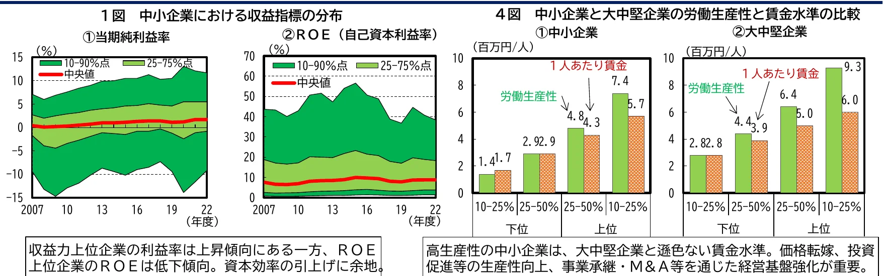 中小企業の収益指標の分布と、中小企業と大中堅企業の労働生産性・賃金水準の比較を示す複合グラフ。