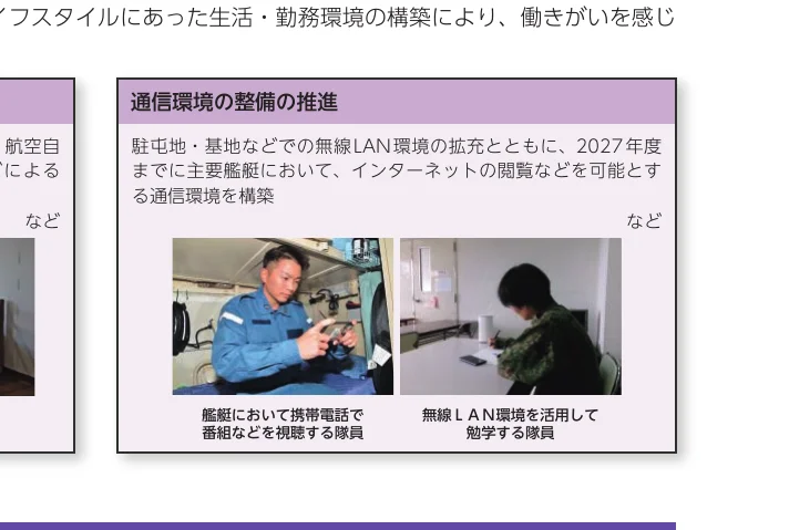 通信環境の整備の推進に関する説明資料。駐屯地や基地での無線LAN環境の拡充や、艦艇でのインターネット閲覧環境の構築について、写真付きで紹介しています。
