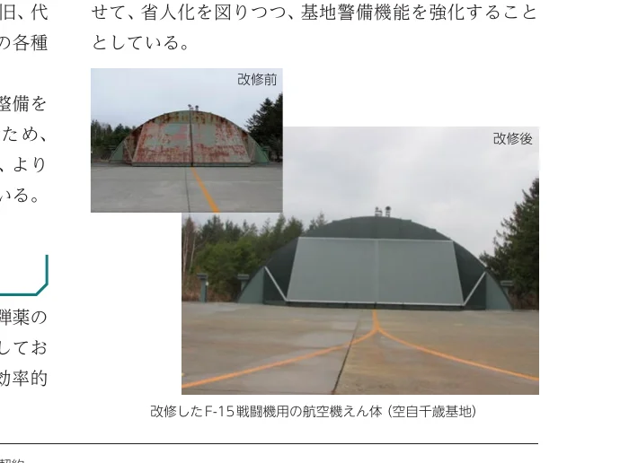 改修前と改修後のF-15戦闘機用航空機えん体（空自千歳基地）の写真