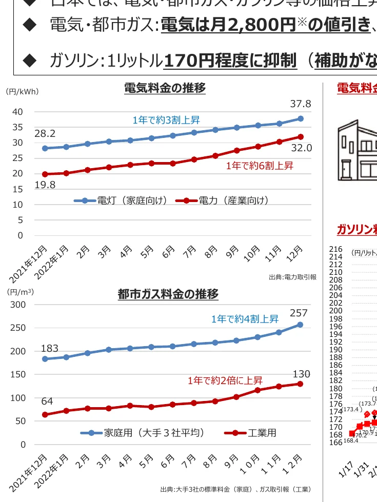電気料金と都市ガス料金の推移を示す折れ線グラフと、ガソリン価格の推移を示す折れ線グラフ。