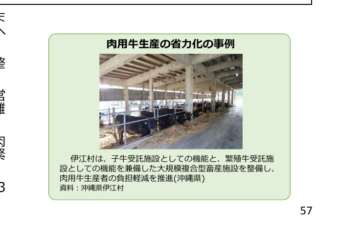 肉用牛生産の省力化の事例として、子牛受託施設と繁殖牛受託施設を兼ね備えた大規模複合型畜産施設の写真。