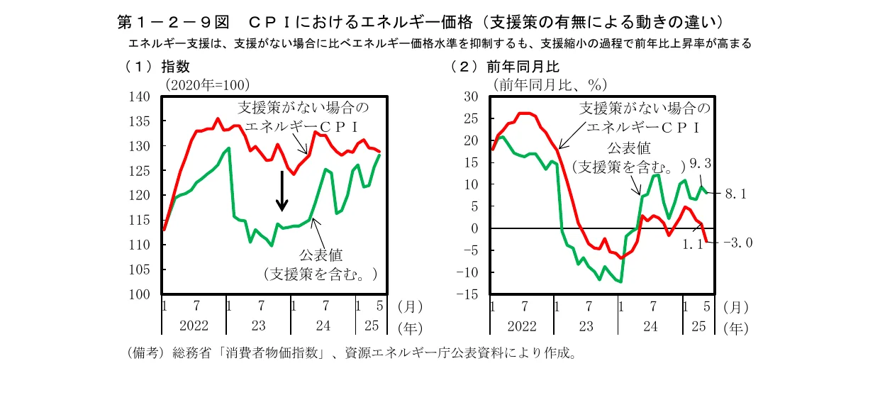 エネルギー価格（支援策の有無による動きの違い）を示す複合グラフ。左は指数（2020年=100）の推移、右は前年同月比（%）の推移を示している。