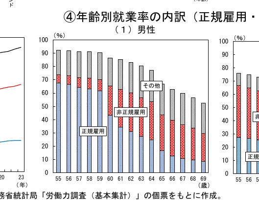 年齢別の就業率の内訳（正規雇用・非正規雇用・その他）を示す積み上げ棒グラフ
