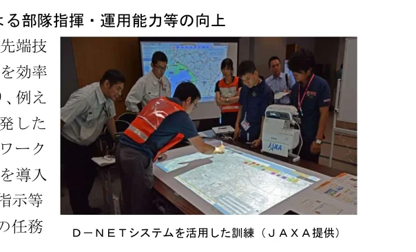 訓練中の人々が、大きなテーブルの上に広げられた地図に指をさして指示を出している様子。
