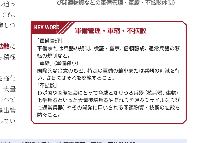「軍備管理・軍縮・不拡散」というキーワードの定義を説明するテキストボックス