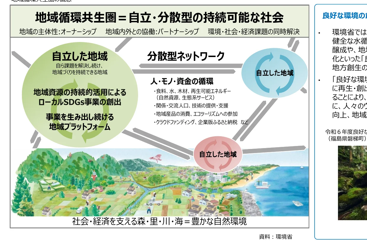 地域循環共生圏の概念図。自立した地域と分散型ネットワークが相互に作用し、持続可能な社会を形成する様子を図示している。
