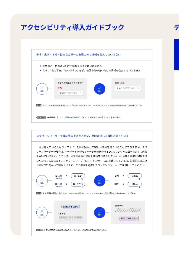 アクセシビリティ導入ガイドブックの一部で、ウェブサイトにおけるアクセシビリティの注意点やスクリーンリーダーでの読み上げ順序に関する説明と図解が含まれています。