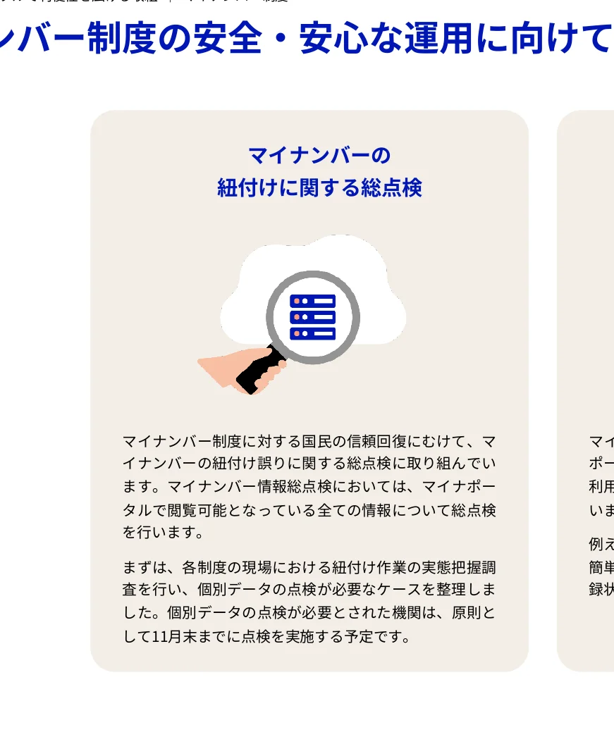 マイナンバー制度の安全・安心な運用に向けた、マイナンバーの紐付けに関する総点検についてのインフォグラフィック。