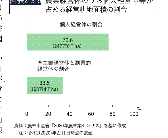 個人経営体と準主業経営体及び副業的経営体の割合を示す棒グラフ