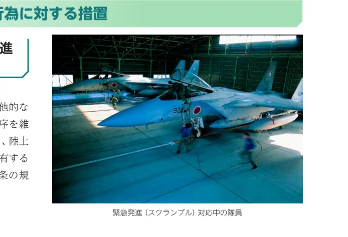 格納庫で緊急発進（スクランブル）に対応中の隊員と航空自衛隊のF-15戦闘機