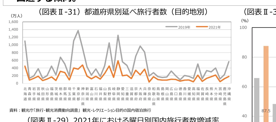 都道府県別の旅行者数（目的別）の2019年と2021年の推移を示す折れ線グラフと、別の指標を示す棒グラフ。