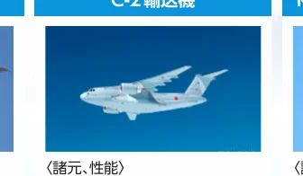 C-2輸送機の写真と「諸元、性能」というテキストが含まれるウェブサイトまたはパンフレットのスクリーンショット