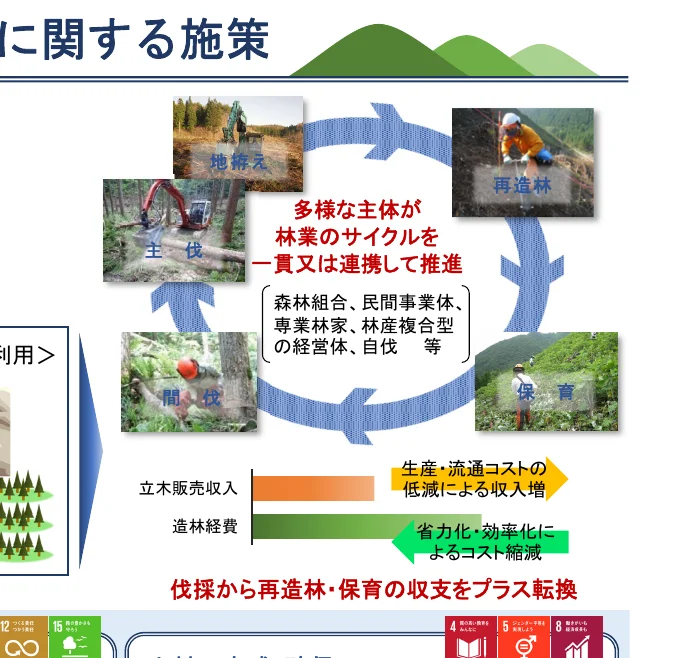森林のサイクルにおける様々な主体の連携と推進、およびそれに伴う収支のプラス転換を示すフロー図。
