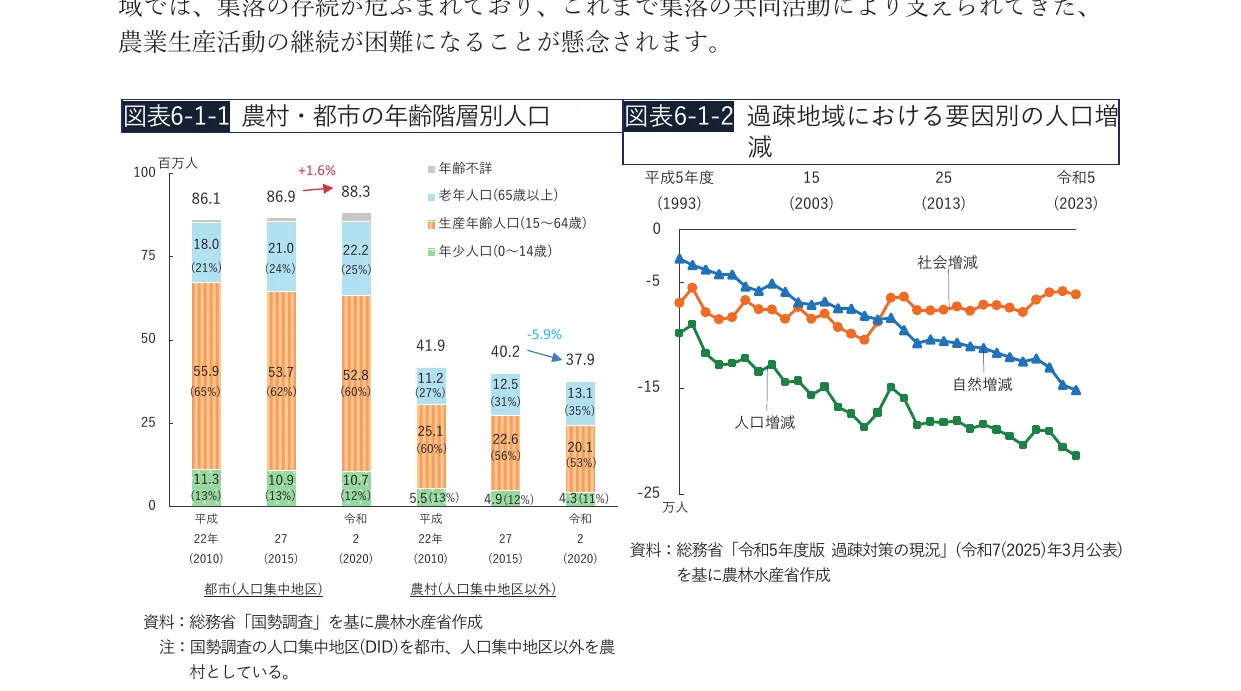 農村・都市の年齢階層別人口の棒グラフと、過疎地域における要因別人口増減の折れ線グラフ