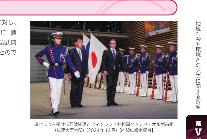 石破総理とフィンランド共和国ペッテリ・オルポ首相が儀仗隊の閲兵を受けている様子。