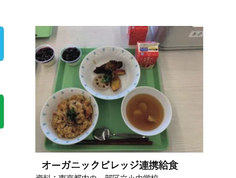 オーガニックビレッジ連携給食のトレイに載った料理の写真