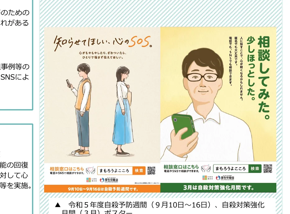 自殺対策強化月間に関するインフォグラフィック。左側は「知らせてほしい、心のSOS。」と題し、悩んでいる様子の若い男女が描かれ、相談窓口の案内がある。右側は「相談してみた。少しほっとした。」と題し、中年男性がスマホで相談している様子が描かれ、同様に相談窓口の案内がある。下部には「9月10日～9月16日は自殺予防週間です。」というメッセージと、令和5年度自殺予防週間のポスターであることが示されている。