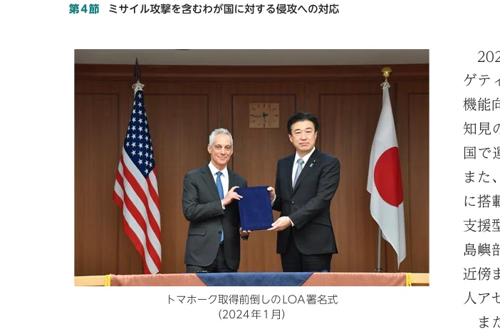 アメリカと日本の国旗の前で、青いファイルを持った2人の男性が握手している写真。