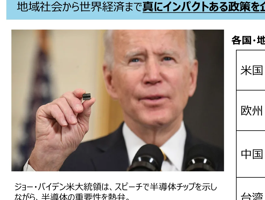 ジョー・バイデン米大統領が半導体チップを手に持ち、その重要性についてスピーチしている写真。