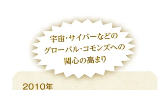 「2010年」と書かれたタイムラインの一部で、宇宙・サイバーなどのグローバル・コモンズへの関心の高まりを示す吹き出しが描かれています。