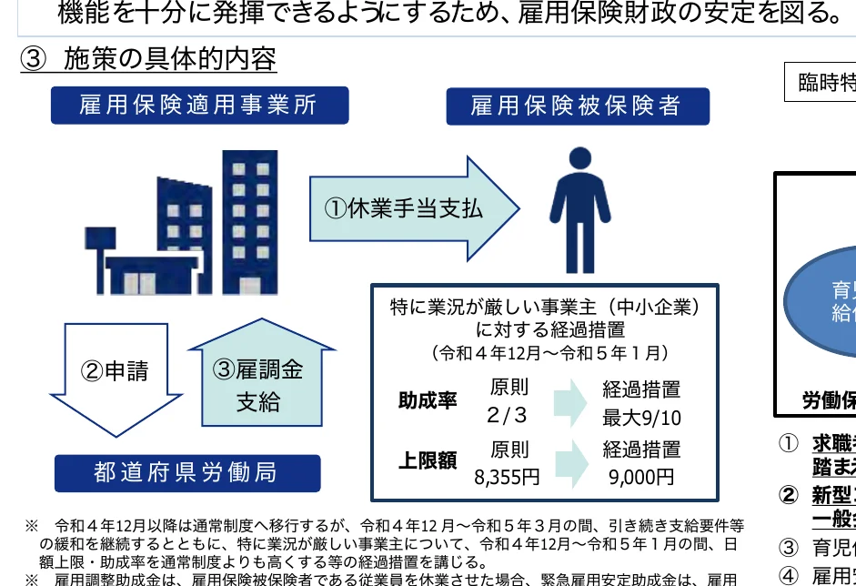 雇用保険適用事業所から雇用保険被保険者への休業手当支払いのフローと、申請から雇調金支給までのプロセス、および特定業況が厳しい事業主（中小企業）に対する経過措置の詳細を示すフロー図。