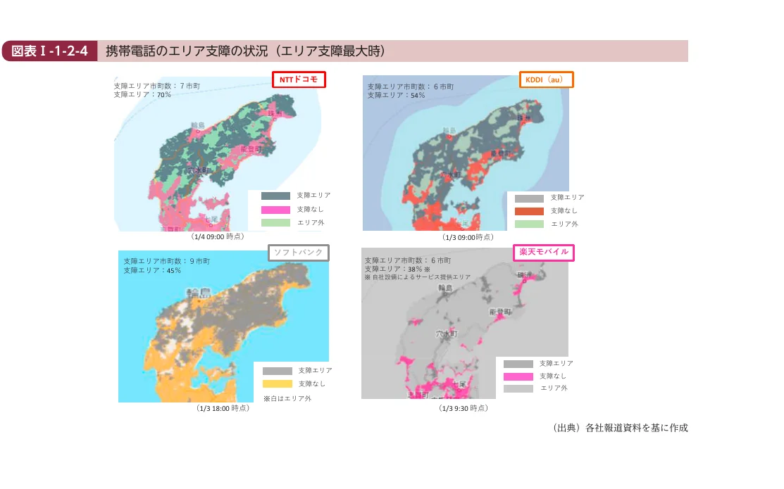 携帯電話各社（NTTドコモ、KDDI、ソフトバンク、楽天モバイル）のエリア支障状況を示す地図
