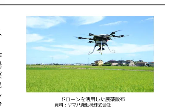 ドローンが田んぼの上空を飛行している写真