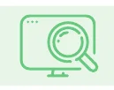 モニターと虫眼鏡を組み合わせた検索・調査を表す緑色のアイコン