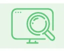 パソコンの画面と虫眼鏡を組み合わせた、検索や分析をイメージさせる緑色のアイコン