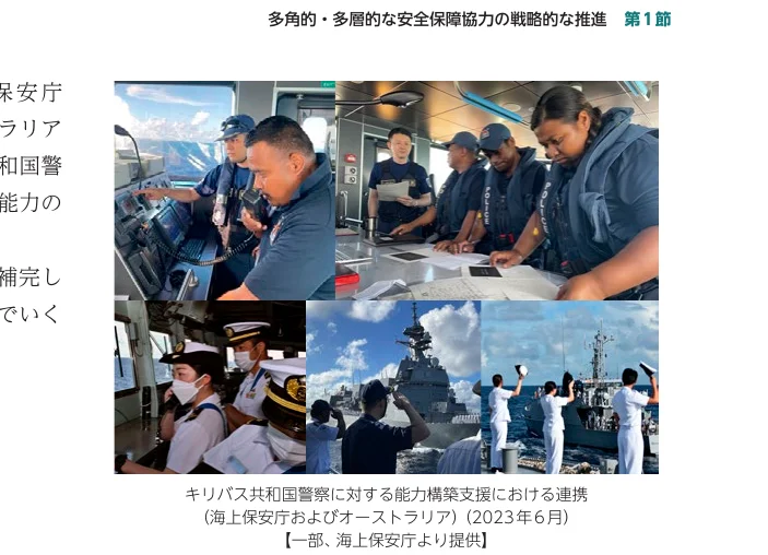 キリバス共和国警察に対する能力構築支援における連携の様子を示す複数の写真