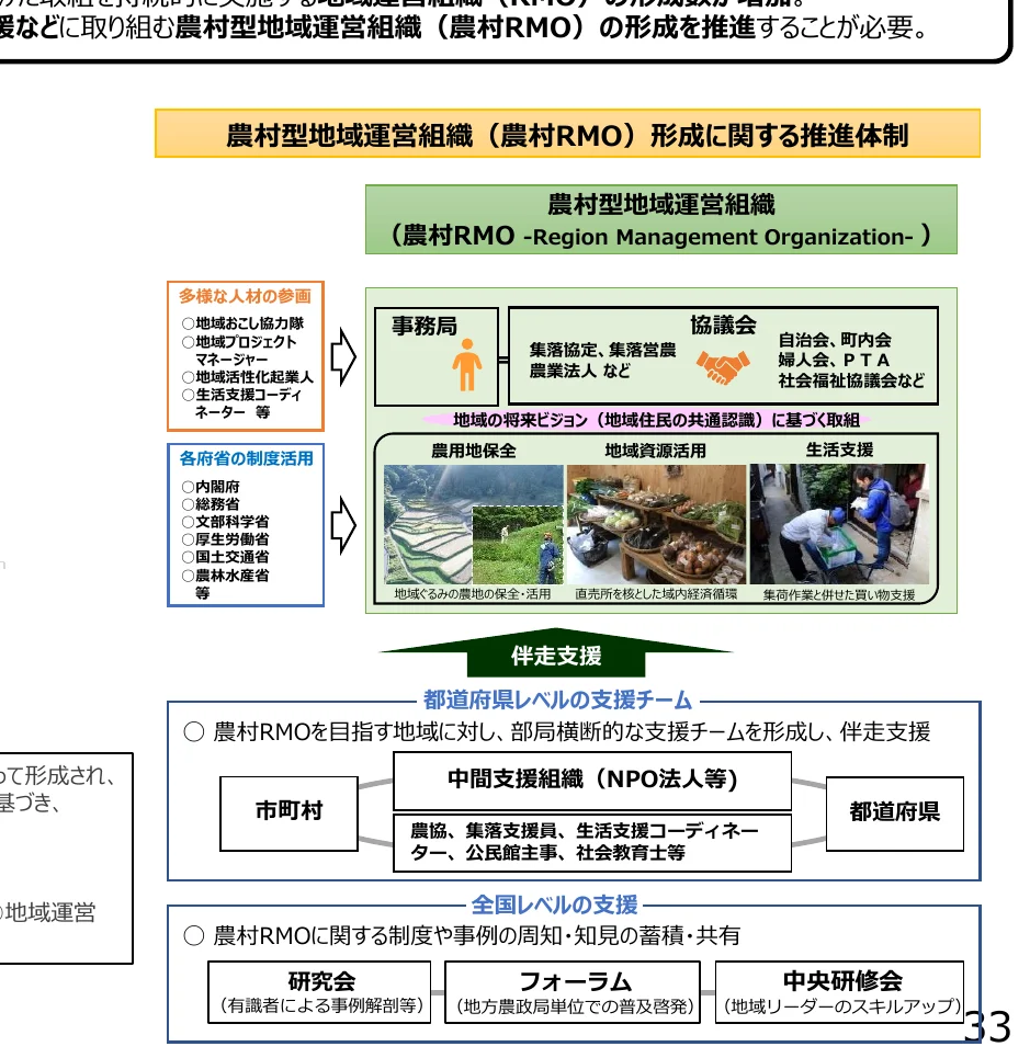 農村型地域運営組織（農村RMO）の形成に関する推進体制を示すフロー図