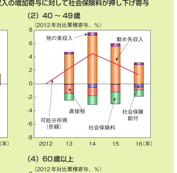 年齢層別の収入と社会保険料の推移を示す複合グラフ