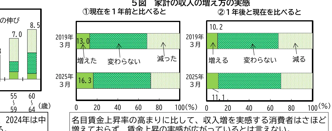 家計の収入の増え方の実態に関する棒グラフ（現在の収入と1年前、および1年後の収入の見込みを比較）