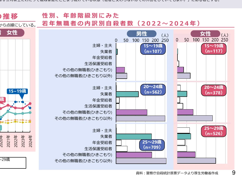 性別、年齢階級別にみた若年無職者の内訳別自殺者数（2022～2024年）の棒グラフ