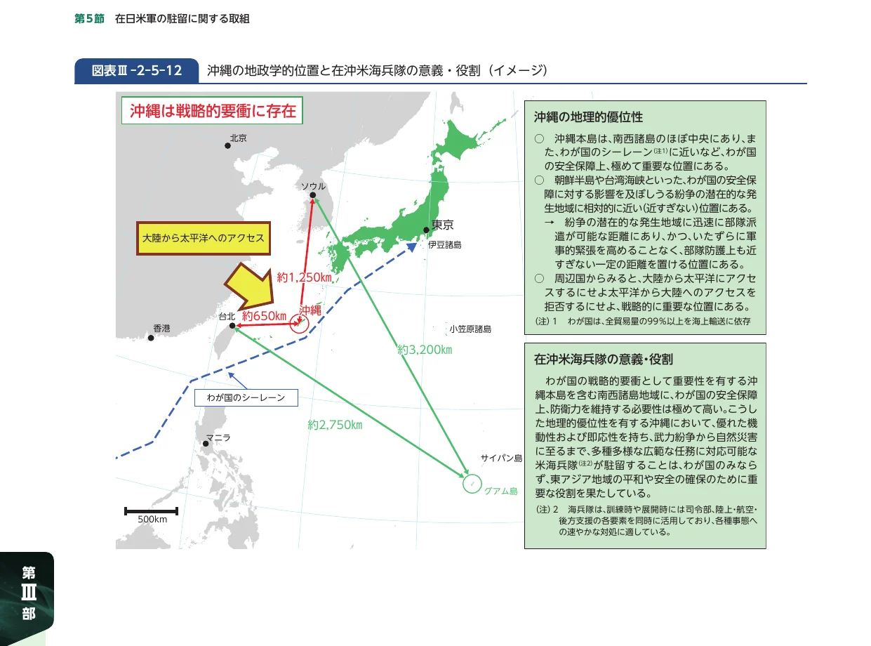 沖縄の地政学的位置と在沖米海兵隊の意義・役割を示す地図と解説図