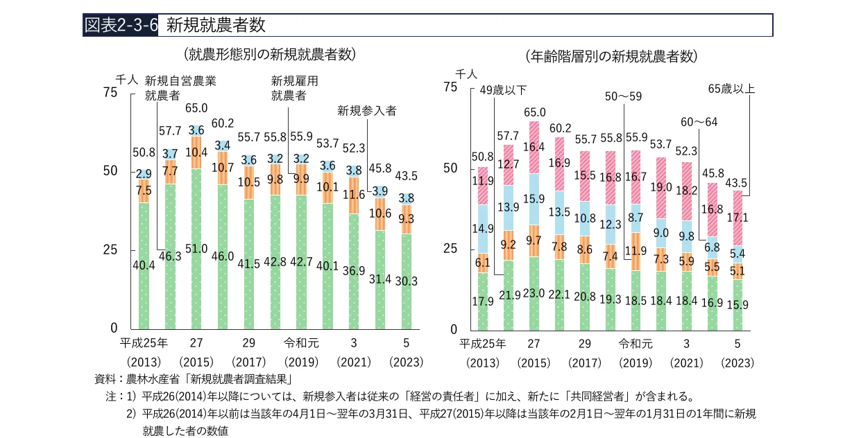 新規就農者数の推移を、就農形態別および年齢階層別に示した積み上げ棒グラフ。